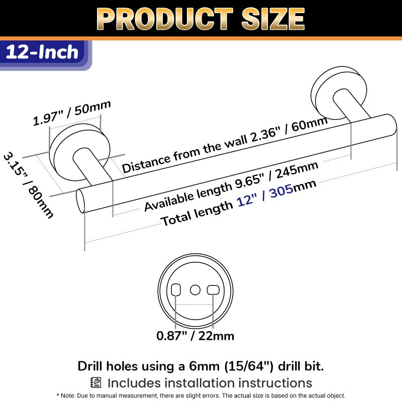 Miyili 12 Inch Bath Towel Bar Polished Stainless Steel Towel Rack for Bathroom, Kitchen Towel Holder Wall Mount, A01C30A - Image 2